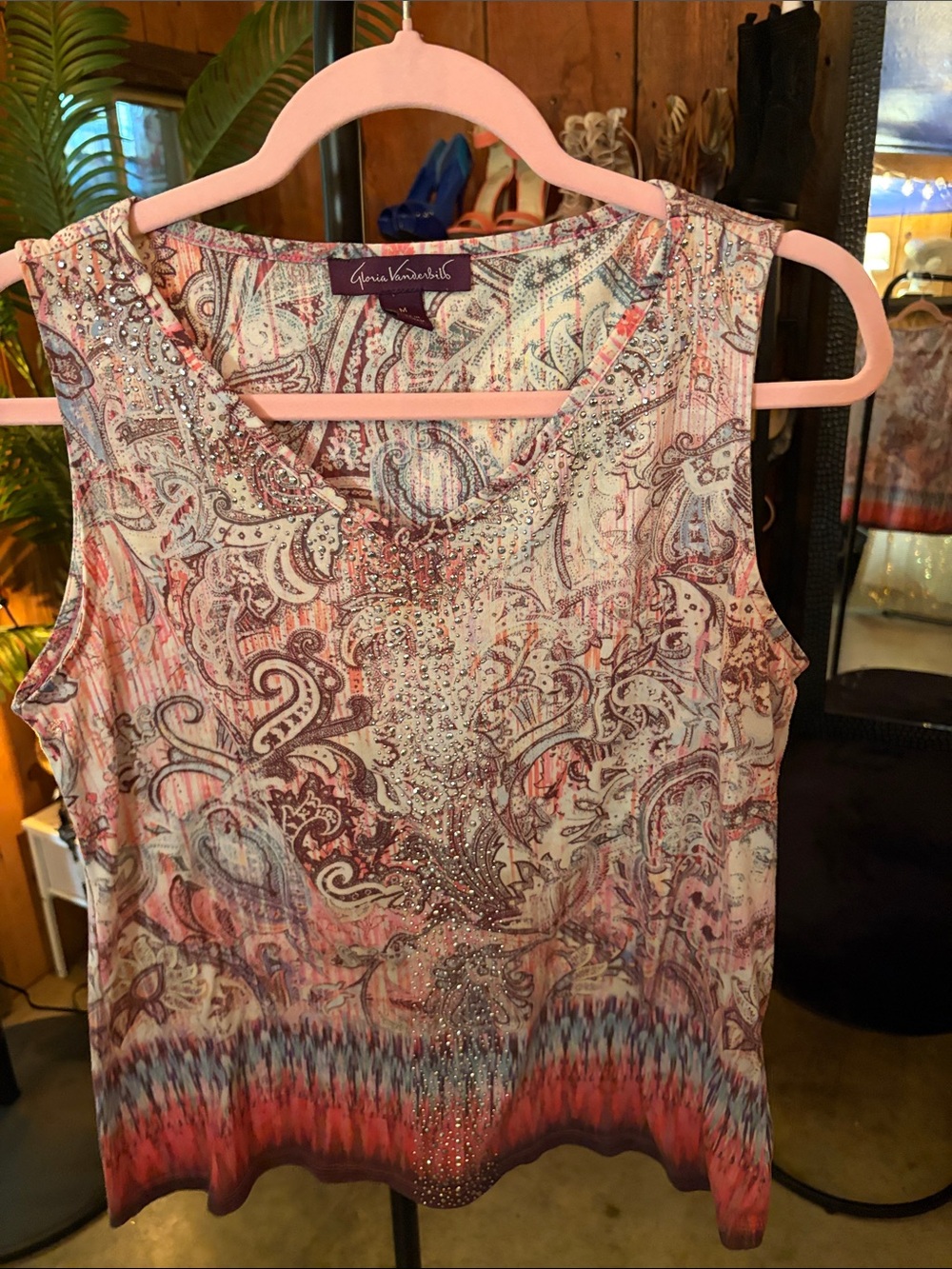 Gloria Vanderbilt Pink Coral Paisley Beaded Sleeveless Tank